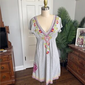 Johnny Was Light Gray Mini Dress with Pink and Yellow Accents